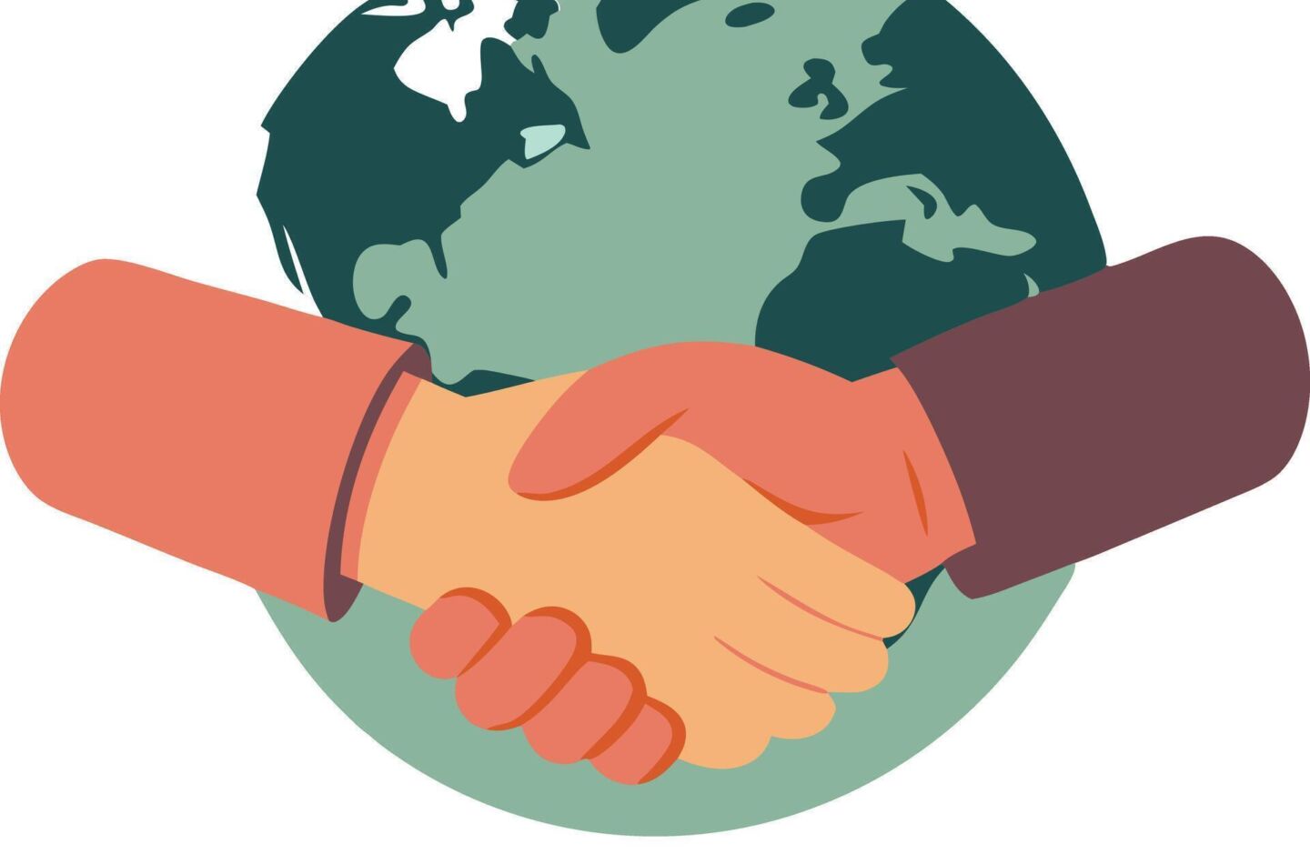 Handshake over a globe representing global cooperation partnership and international collaboration in a business context vector